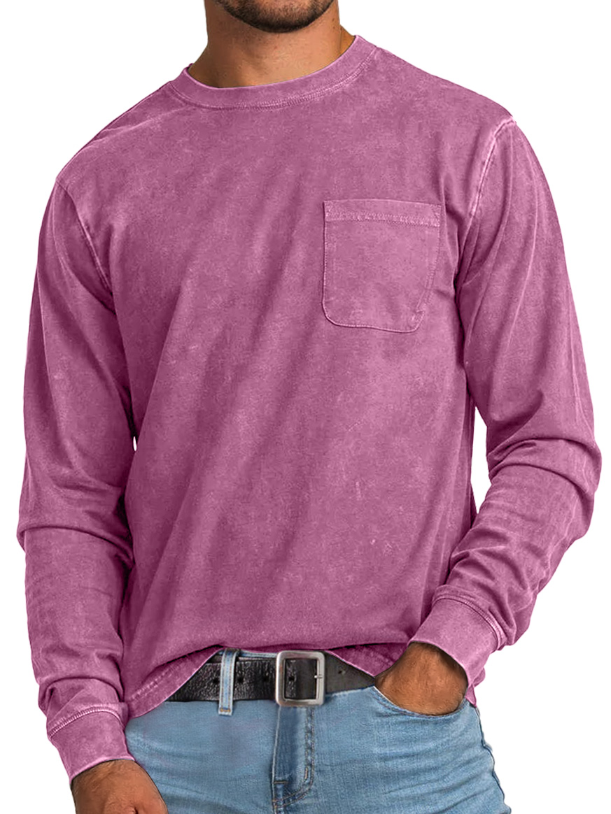 Men's Retro Casual Round Neck Pocket Solid Color Long Sleeve T-Shirt