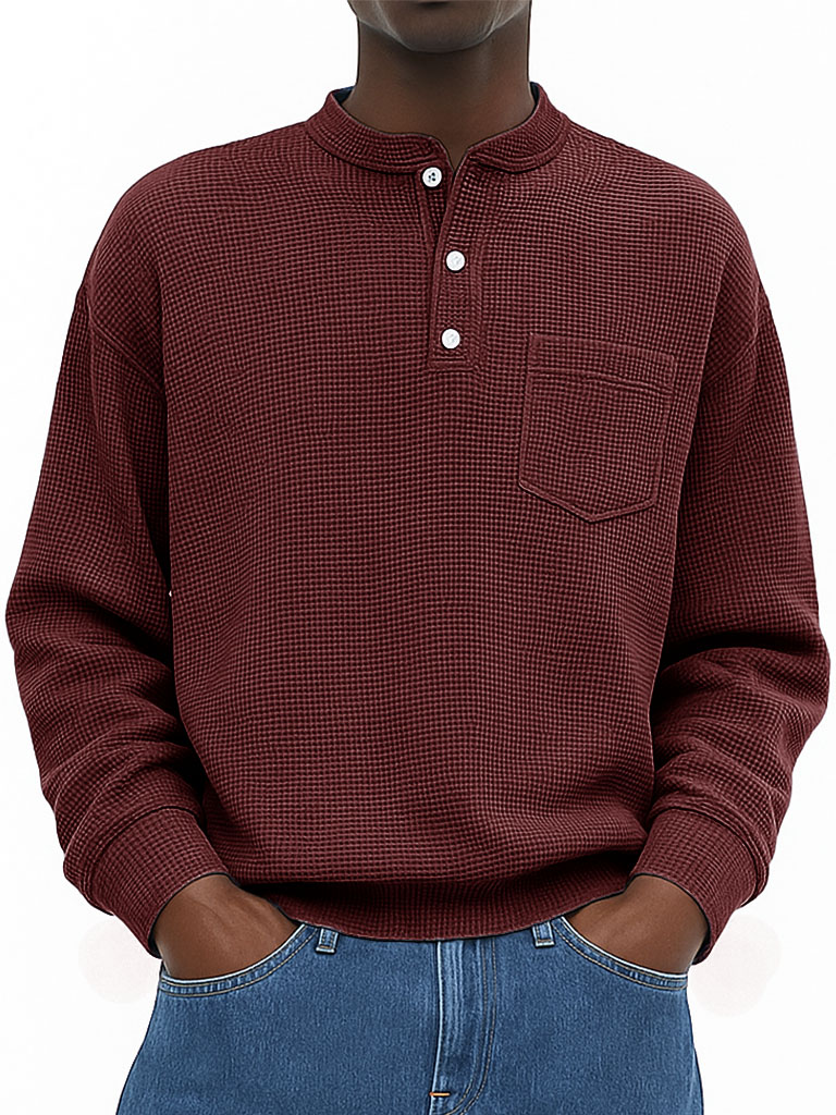 Men's Wear Fashionable Casual Waffle Fabric Pockets Long-sleeved Henry Shirt