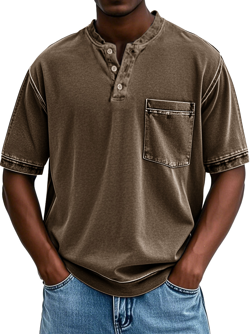 Men's Fashion Retro Round Neck Pocket Short Sleeve Henley Shirt