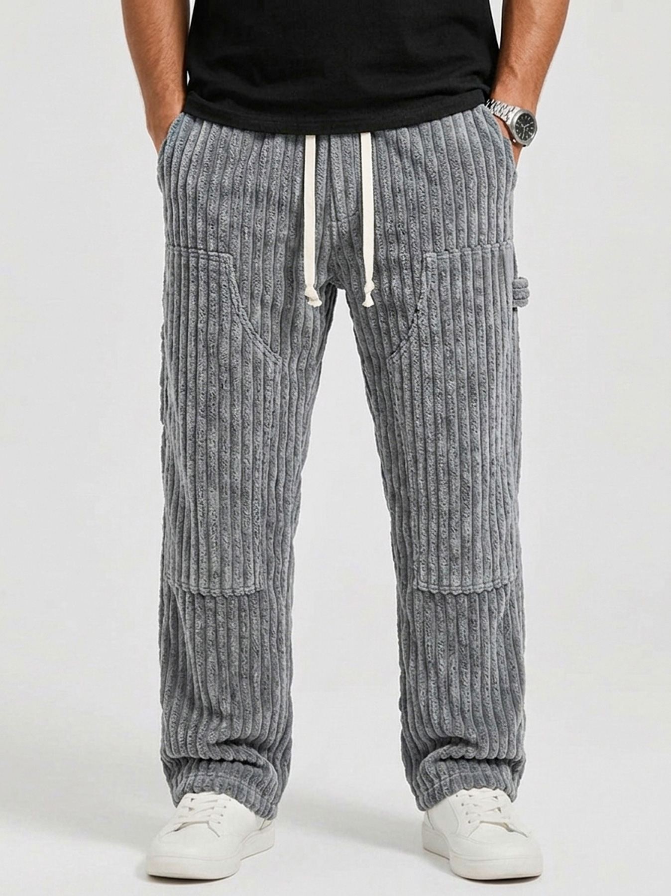 Men's Retro Corduroy Casual Cargo Pants with Multi-Pocket Patchwork Design