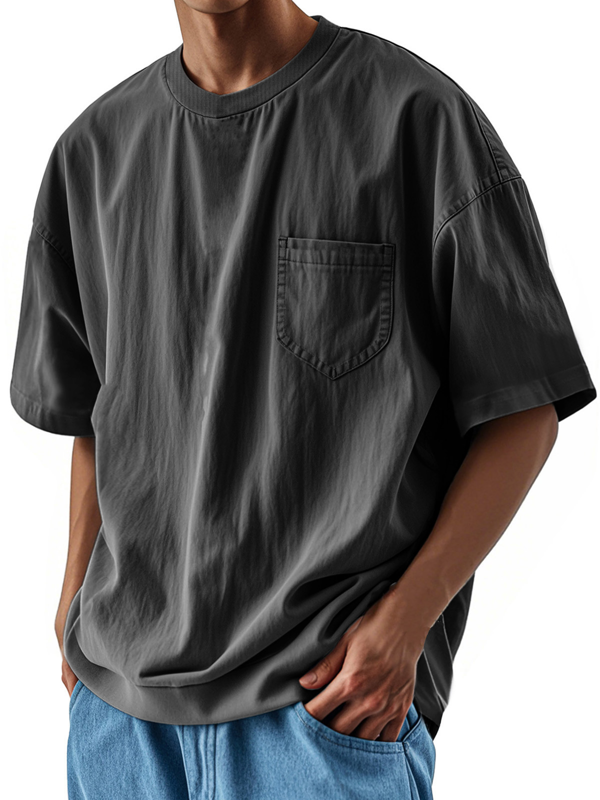 Men's Fashion Casual Retro Shirt Round Neck Pocket Short Sleeve T