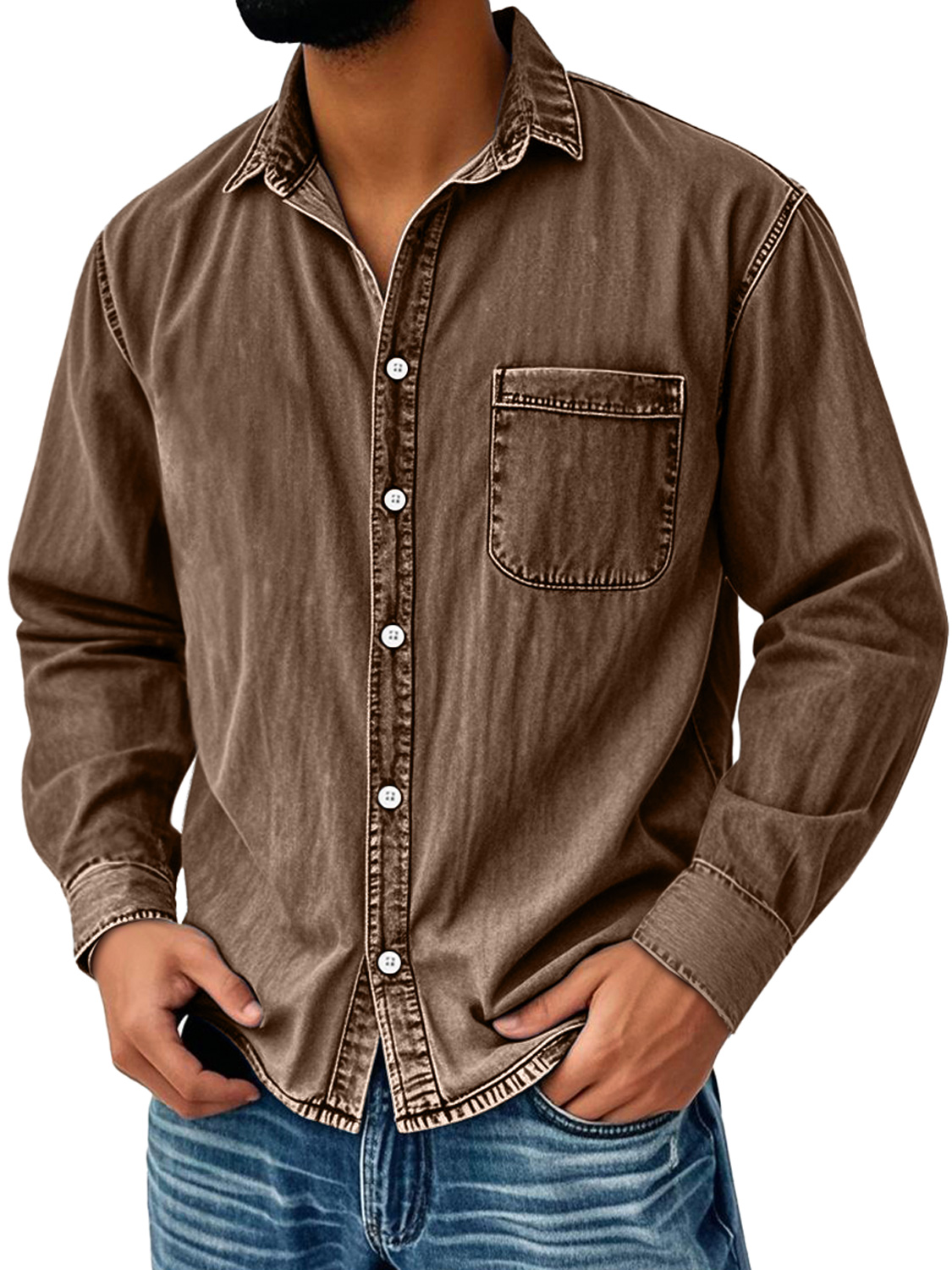 Men's Vintage Distressed Lapel Pocket Casual Long-sleeved Shirt