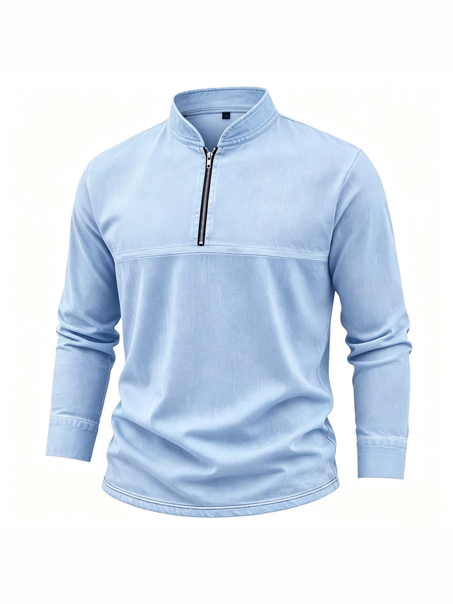 Men's Linen Stand-Collar Zip-Front Casual Long-Sleeve T-Shirt