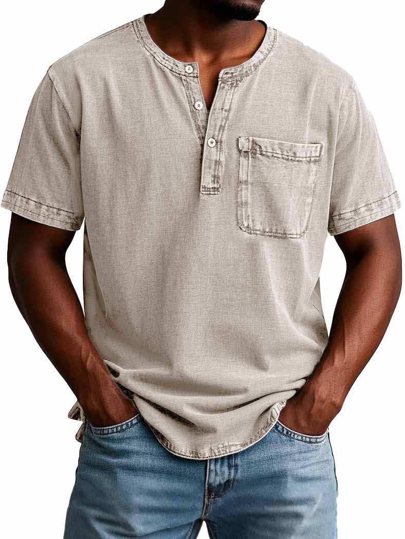 Men's Fashion Casual Vintage Distressed Pocket Short Sleeve Henley Shirt
