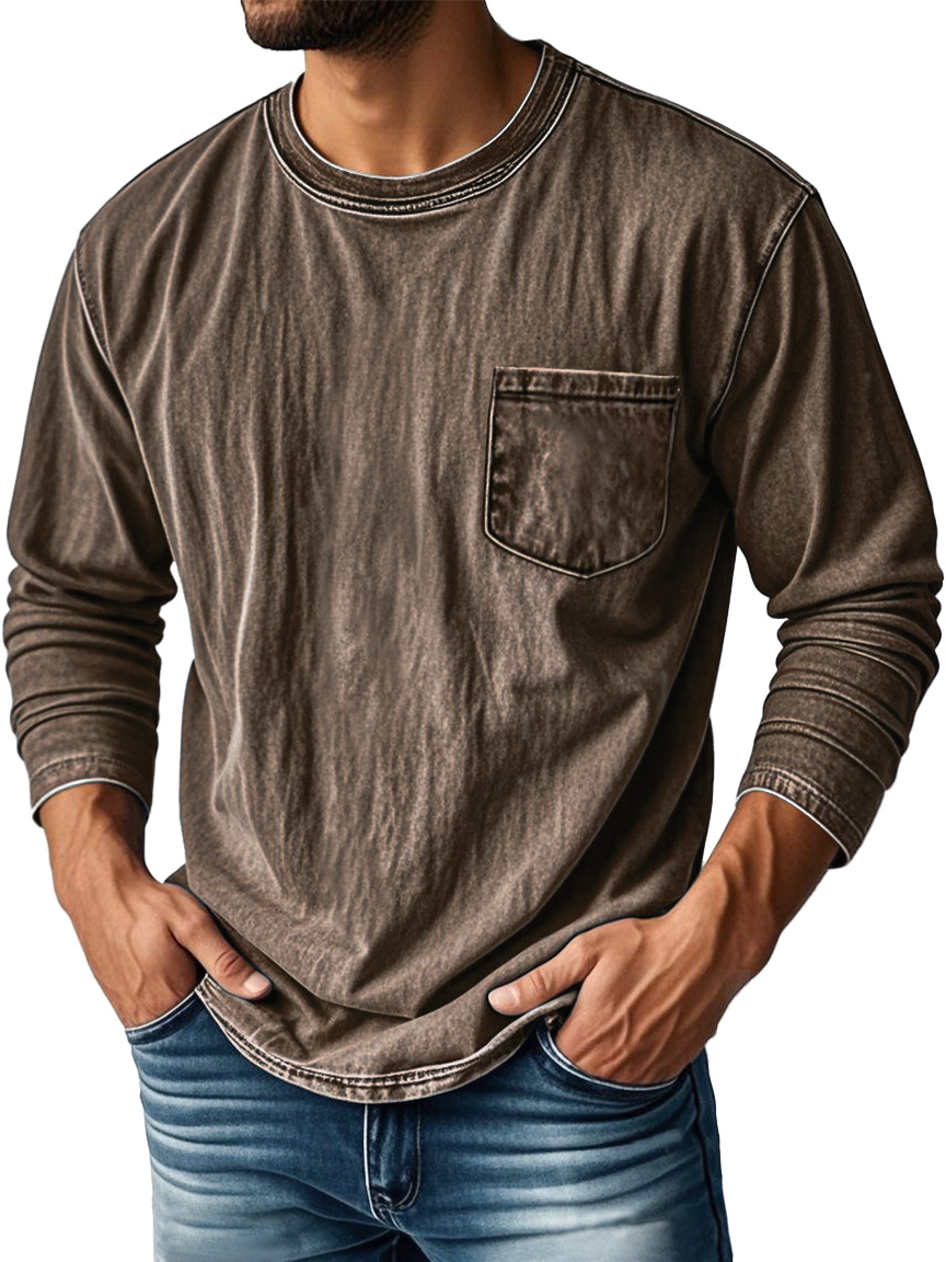 Men's Vintage Distressed Round Neck Pocket Casual Long-sleeved T-shirt