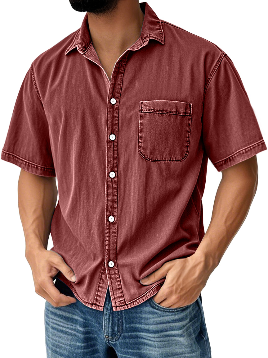 Men's Retro Casual Lapel Pocket Solid Color Short Sleeve Shirt