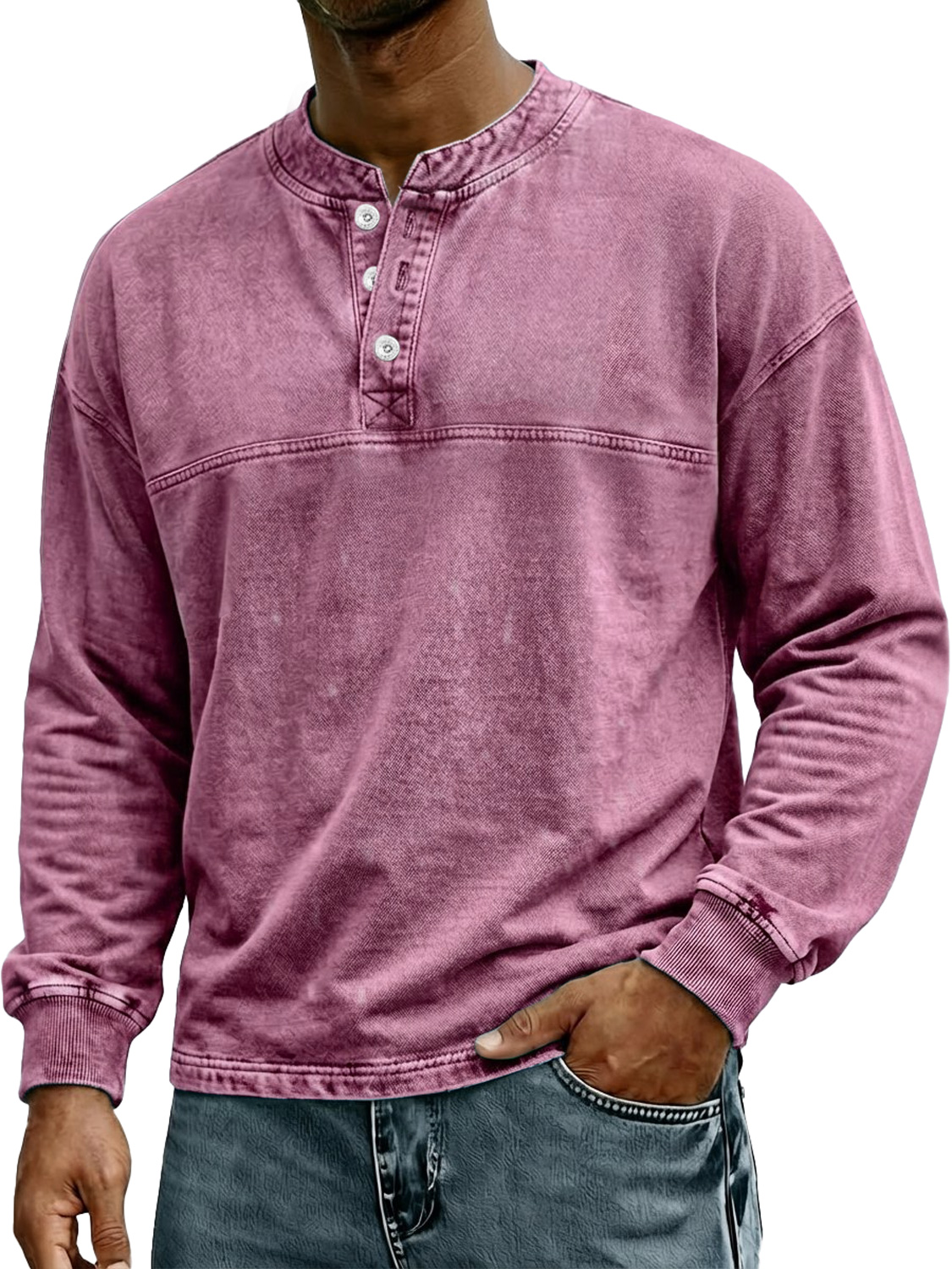 Men's Retro-Style Stand Collar Button Casual Long Sleeve Henley Shirt
