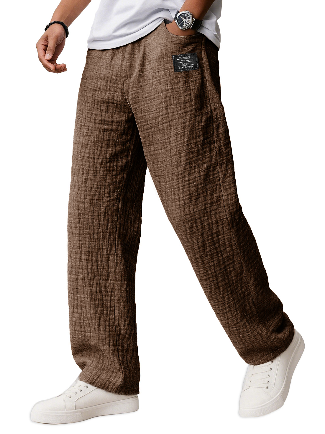 Men's Wear Fashionable Daily Texture Fabric Pockets Loose Tether Elastic Waist Embroidery Logo Pants