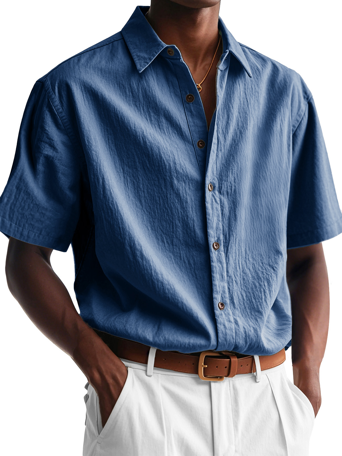 Men's Fashion Casual Pleated Fabric Short Sleeve Lapel Shirt