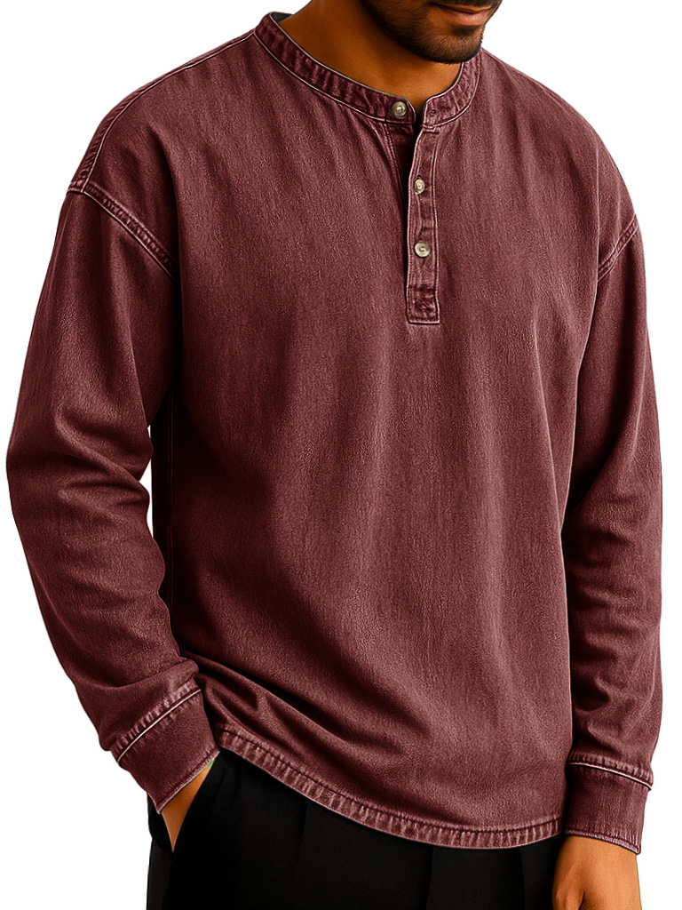 Men's Stylish Retro Distressed Long-sleeved Multicolor Henley Shirt