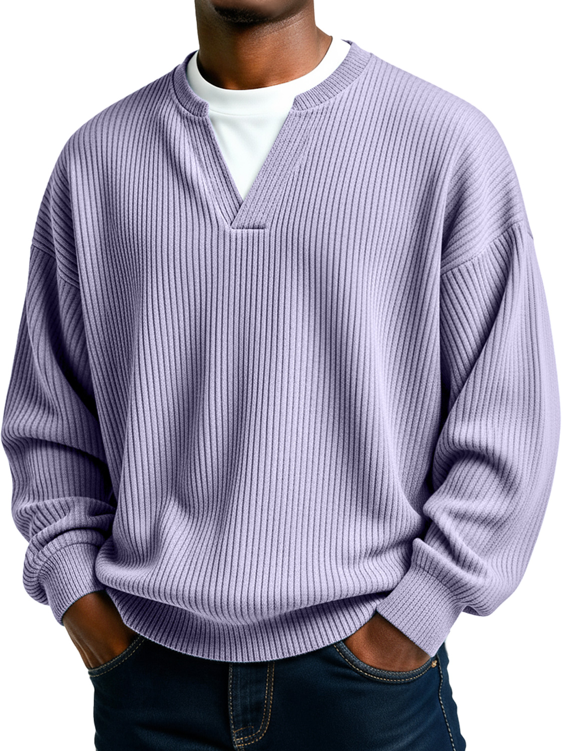 Men's Simple Ribbed V-Neck Faux Two-Piece Casual Long-Sleeve T-Shirt