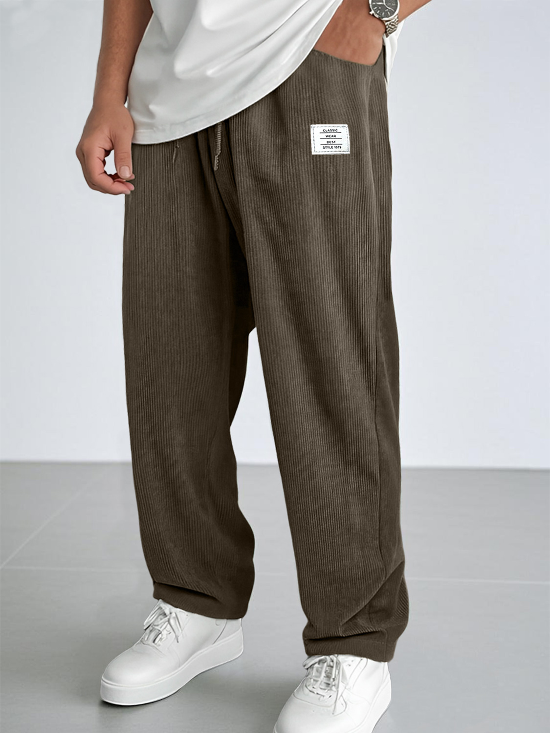 Men's Everyday Corduroy Embroidered Logo Casual Elastic Waist Comfort Trousers