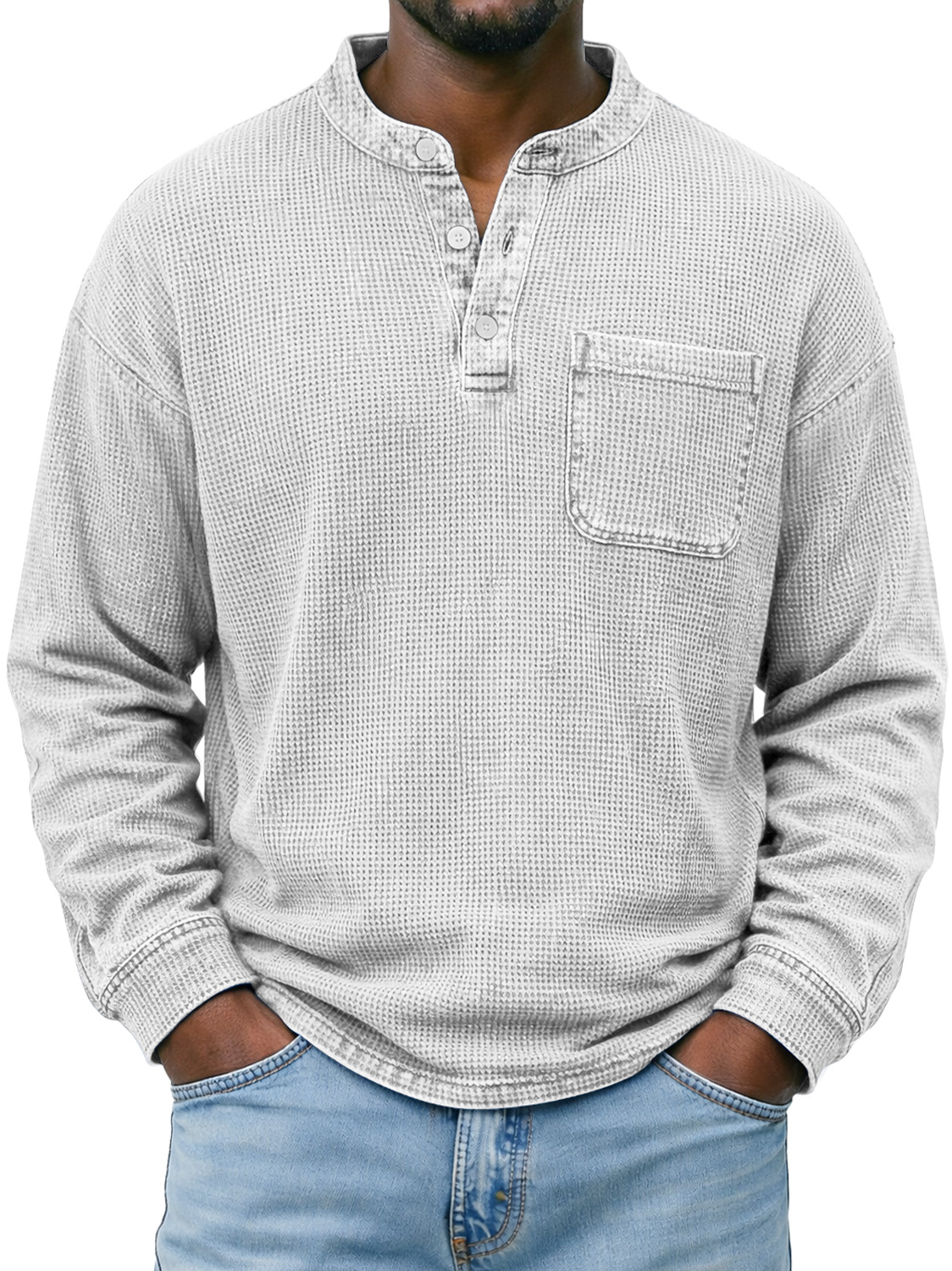 Men's Simple Waffle-knit Casual Long-sleeved Henley Shirt With Pocket