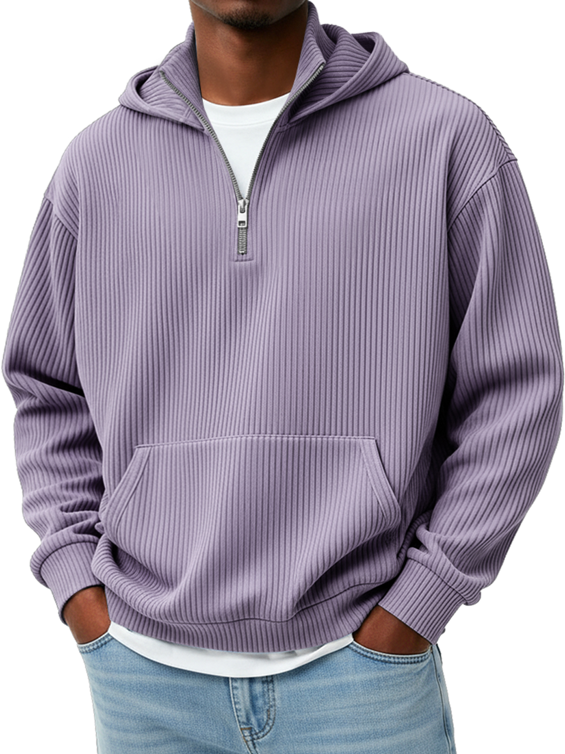 Men's Pit Stripe Stand Collar Zipper Casual Loose Hooded Sweatshirt