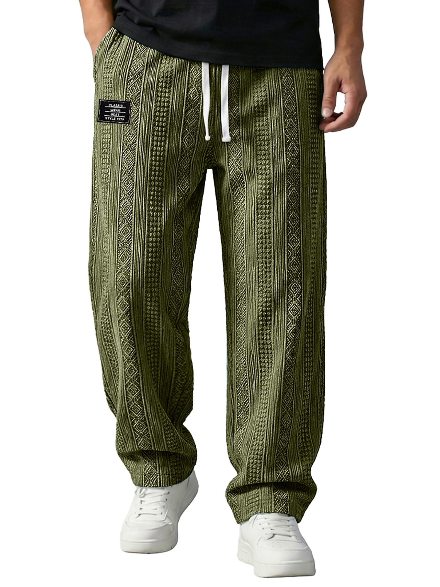 Men's Jacquard Textured Embroidered Logo Casual Loose-fitting Trousers With Elastic Waistband