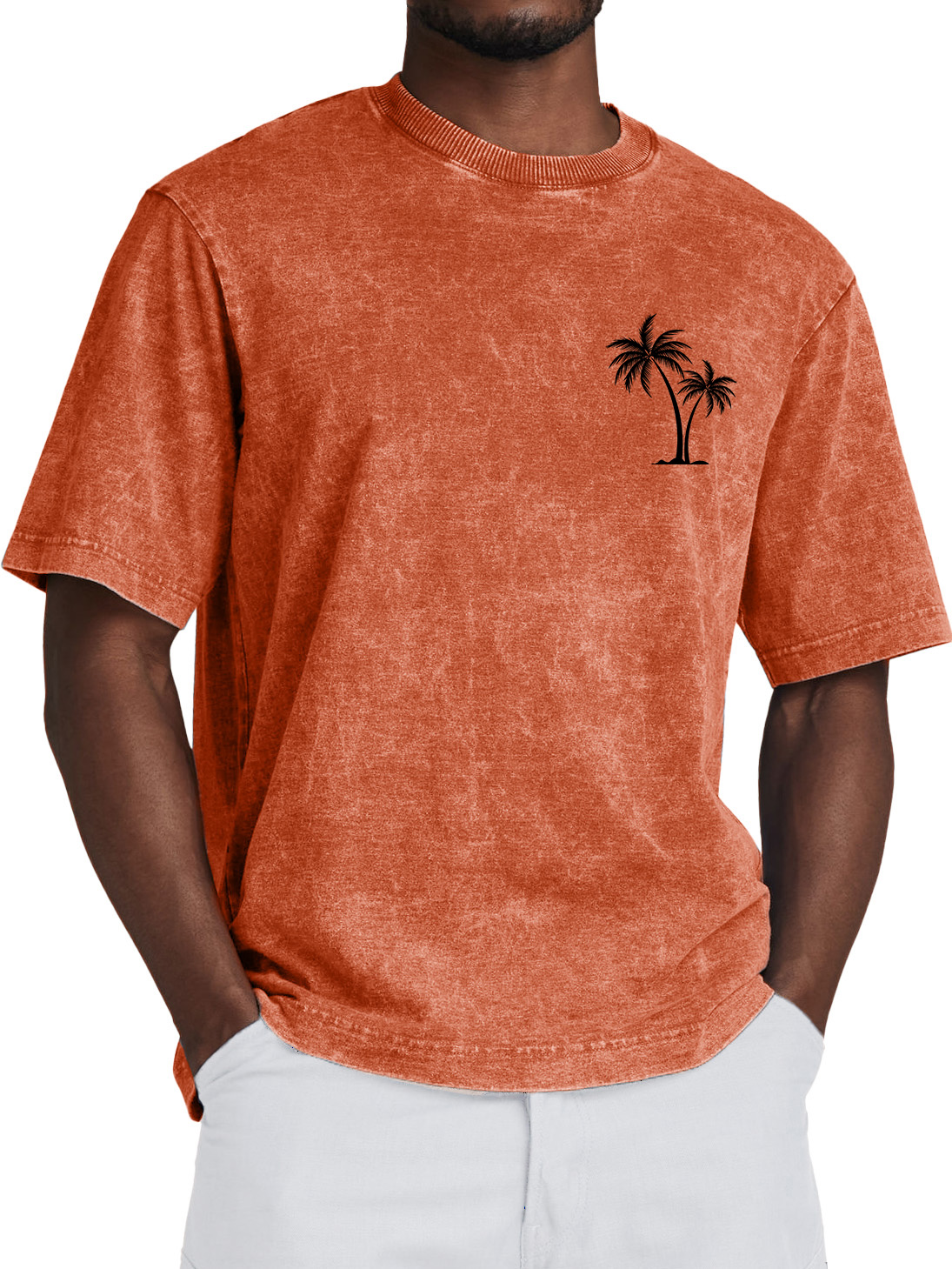 Men's 100% Cotton Retro Washed Coconut Tree Print Crew Neck Short Sleeve T-Shirt