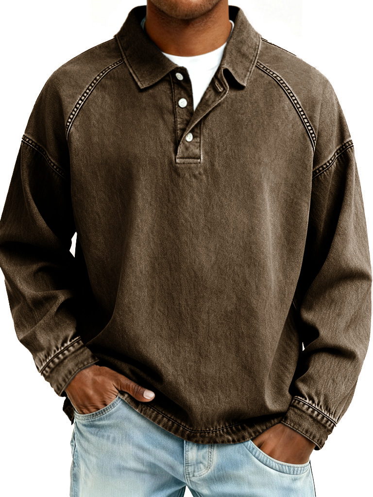 Men's Retro Fashion Distressed Raglan Sleeve Lapel Long-Sleeve Polo Shirt