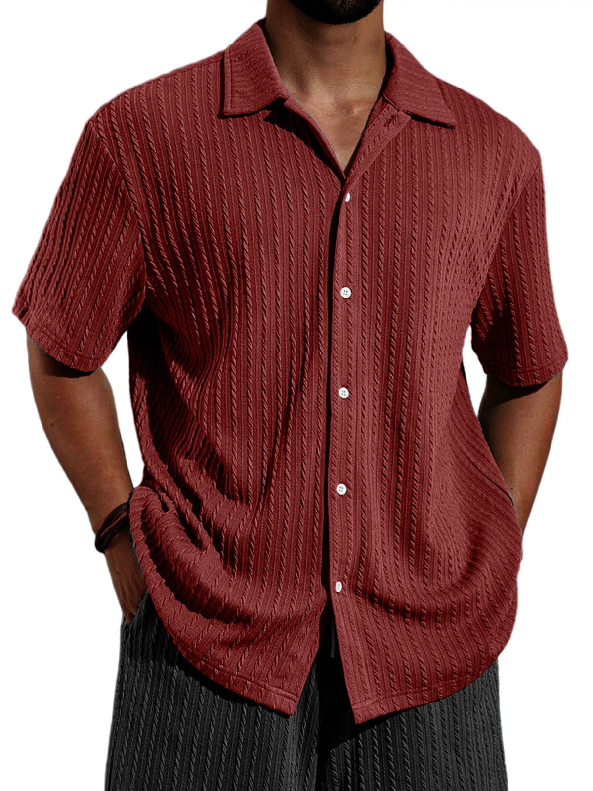 Men's Casual Lapel Jacquard Solid Color Short-sleeved Shirt