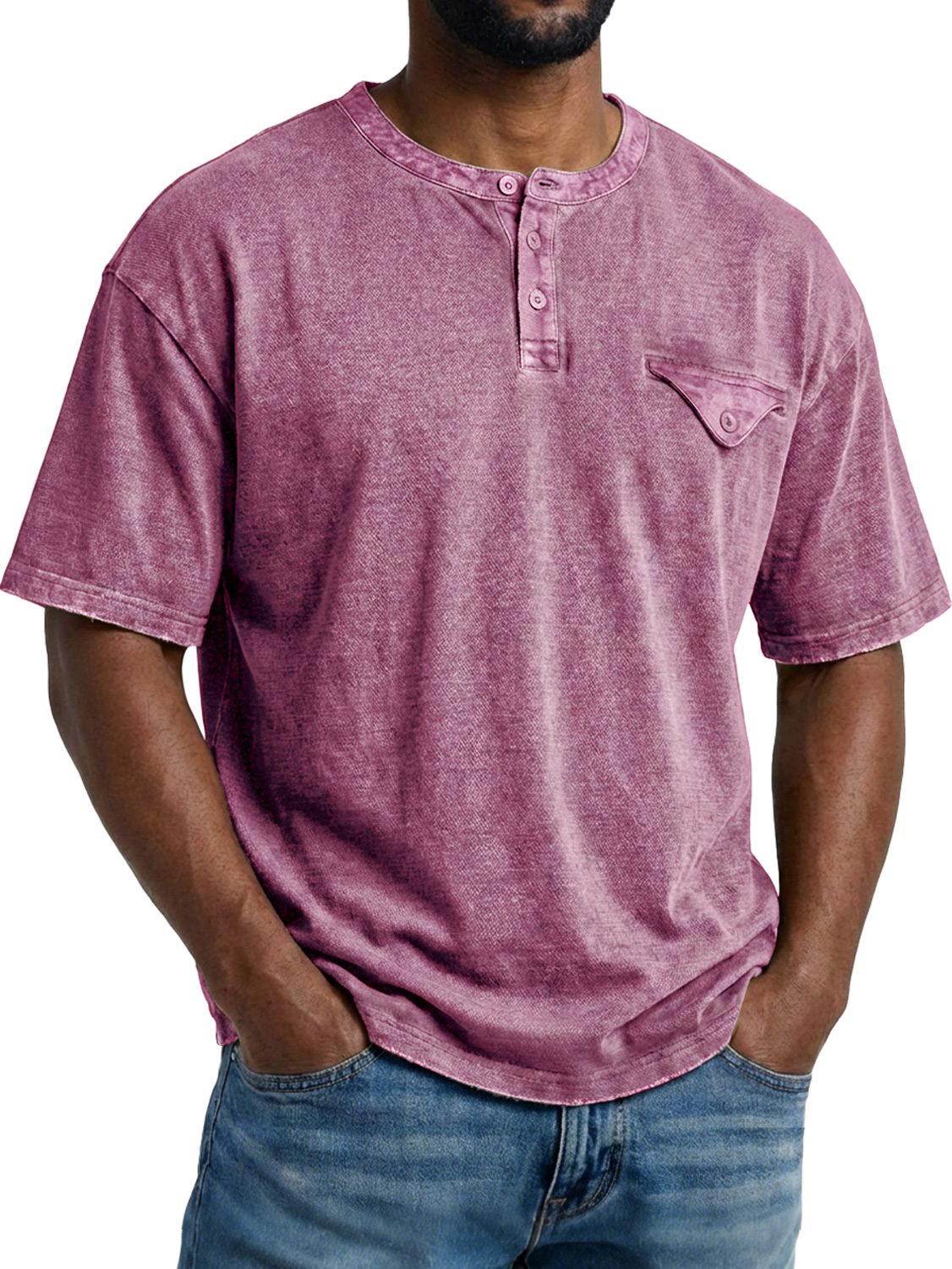 Men's Retro Pocket Design Casual Short-Sleeve Henley Shirt