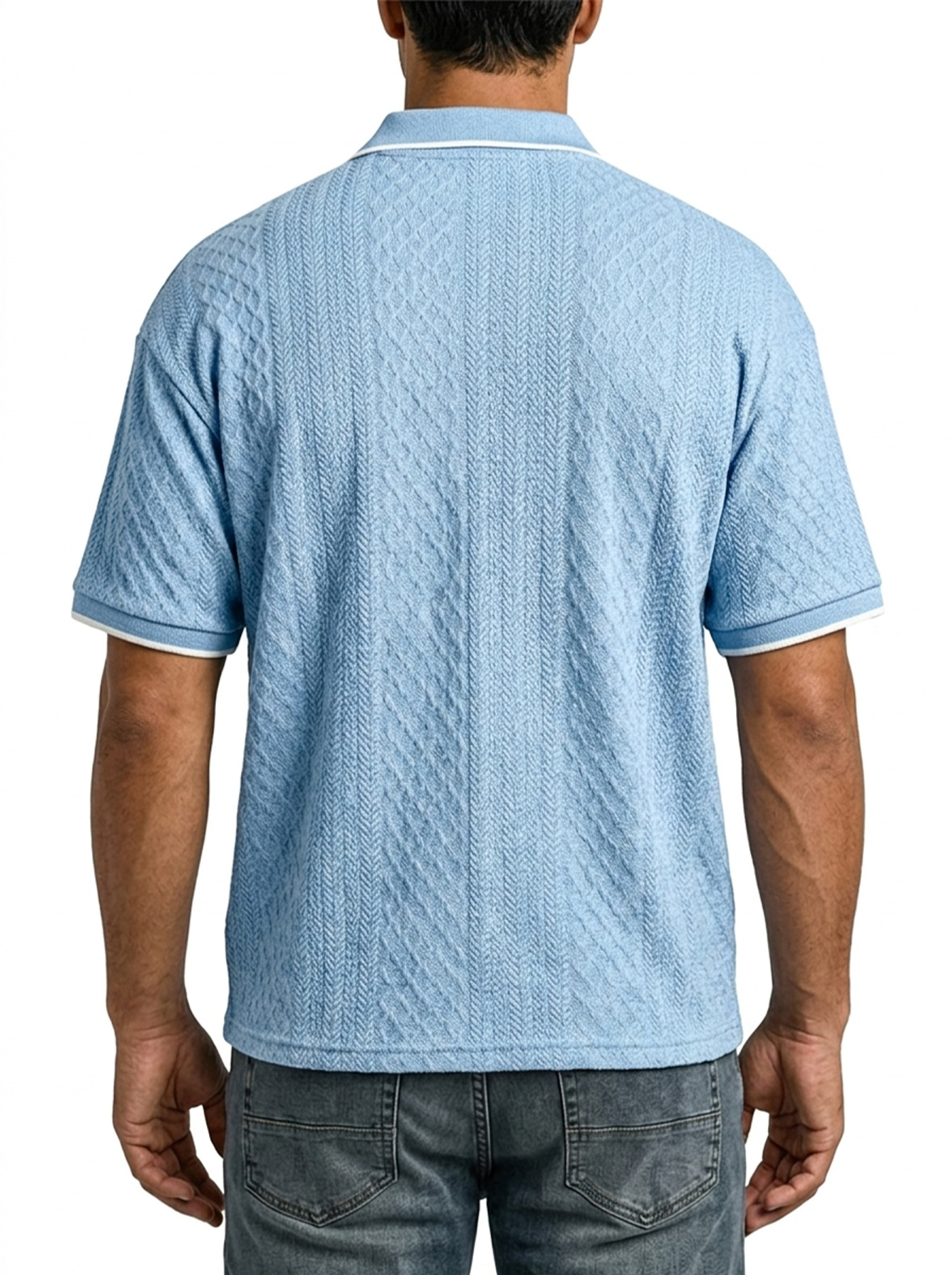 Men's Casual Jacquard Textured Collar Zipper Short-Sleeve Polo Shirt