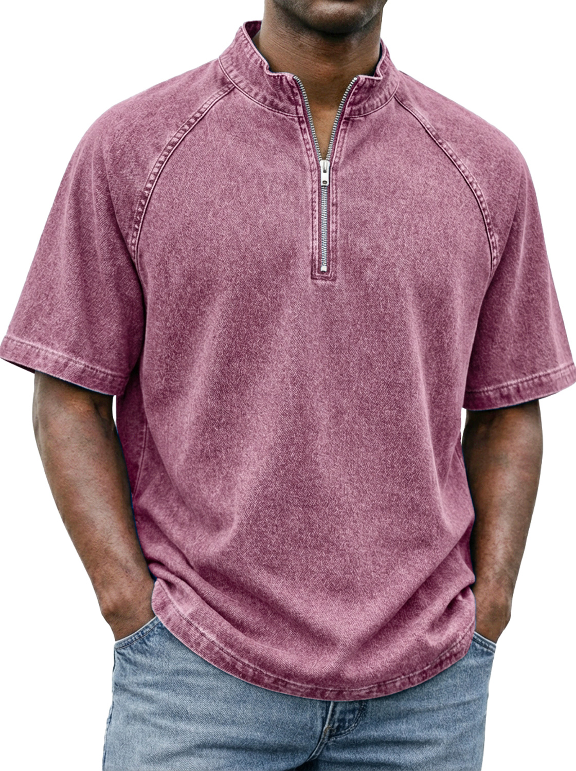 Men's Retro Raglan Sleeve Stand-collar Zip-up Casual Short-sleeved T-shirt