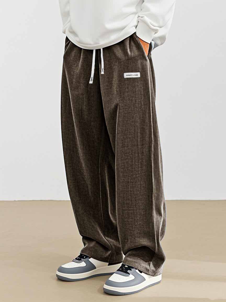 Men's Fashion Casual Everyday Hemp Fabric Pocket Embroidered Logo Loose Trousers 