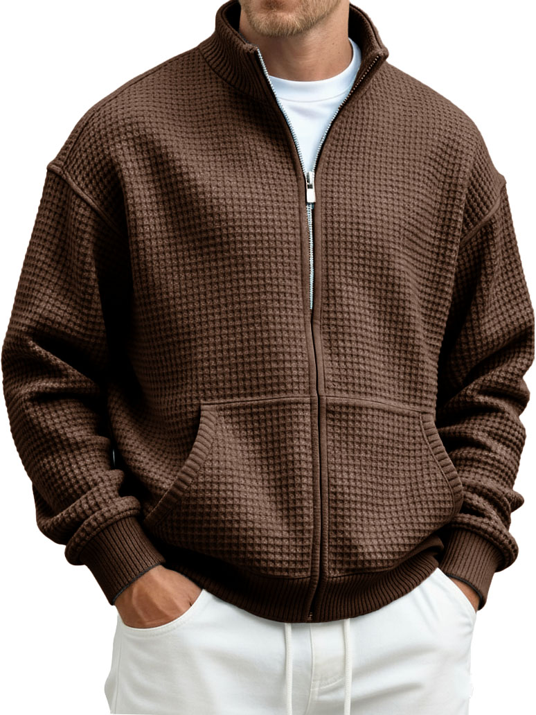 Men's Fashion Casual Waffle Fabric Stand Collar Long-Sleeve Pocket Sweatshirt