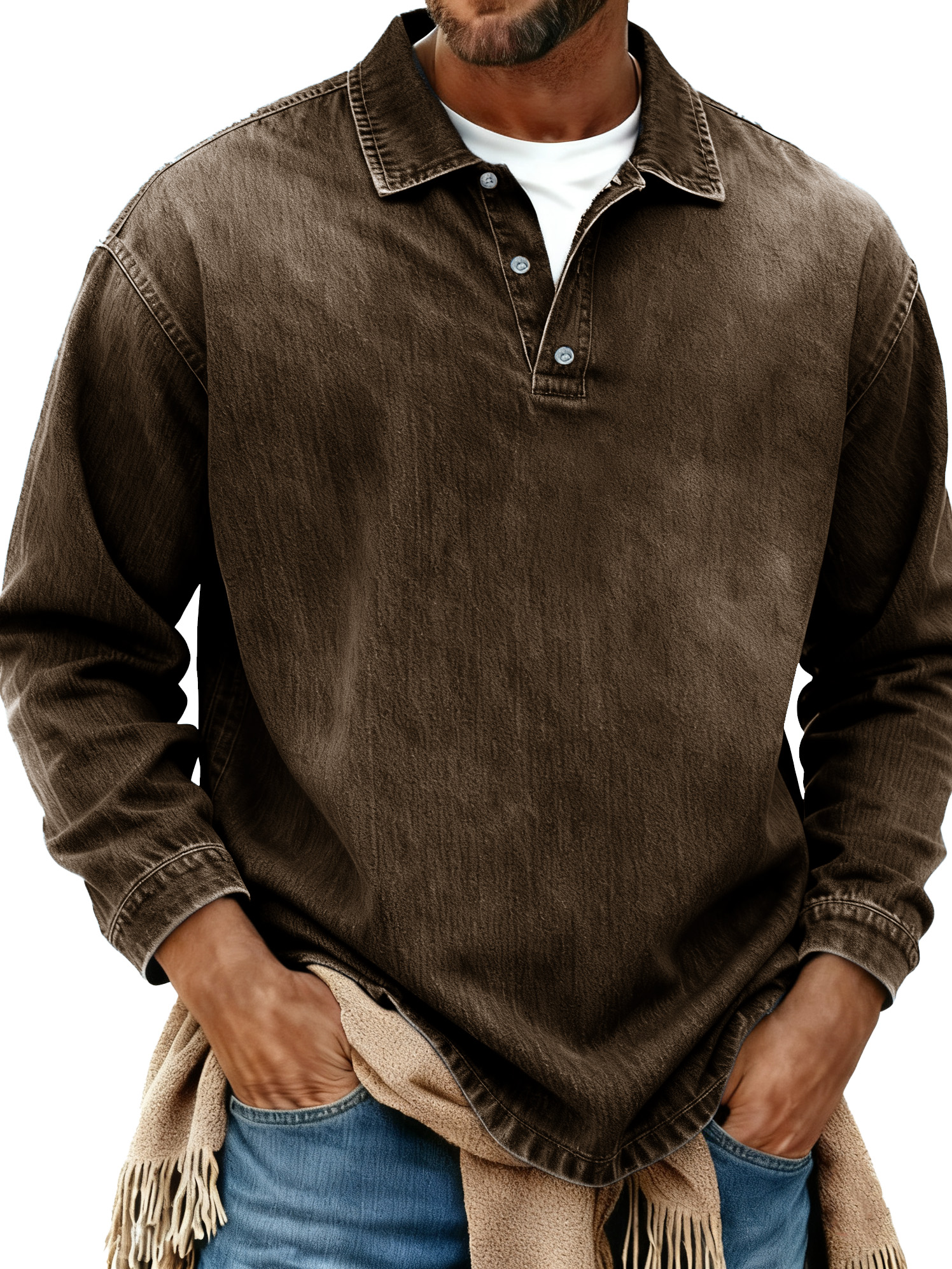 Men's Retro Fashion Distressed Collar Long-Sleeve Polo Shirt