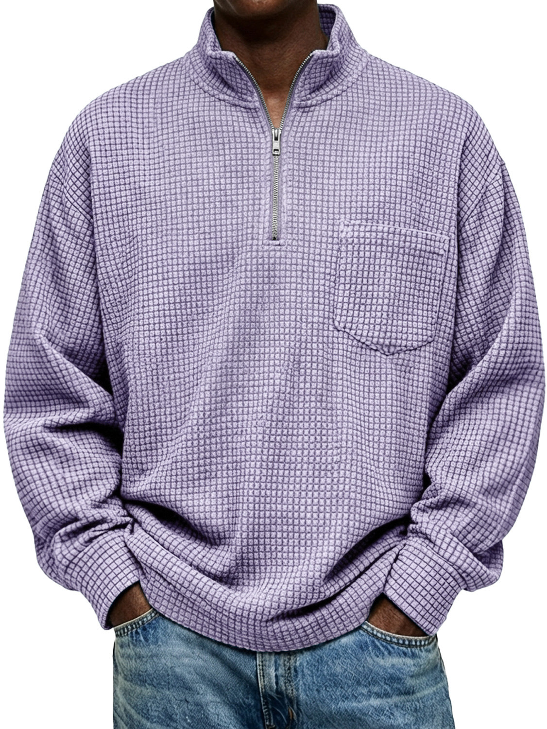 Men's Vintage Small Plaid Stand-collar Zip-up Casual Long-sleeved T-shirt With Pockets