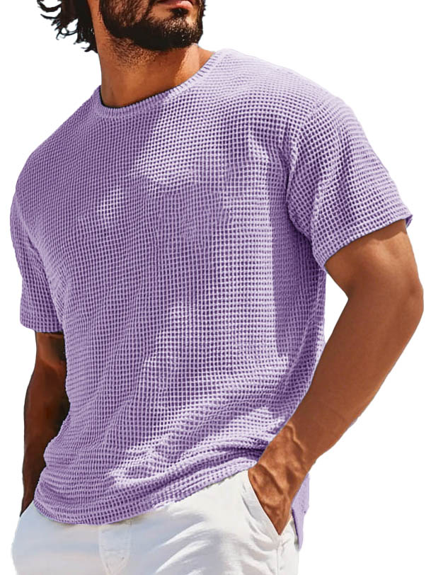 Men's Retro Fashion Round Neck Waffle Texture Fabric Short-sleeved T-shirt