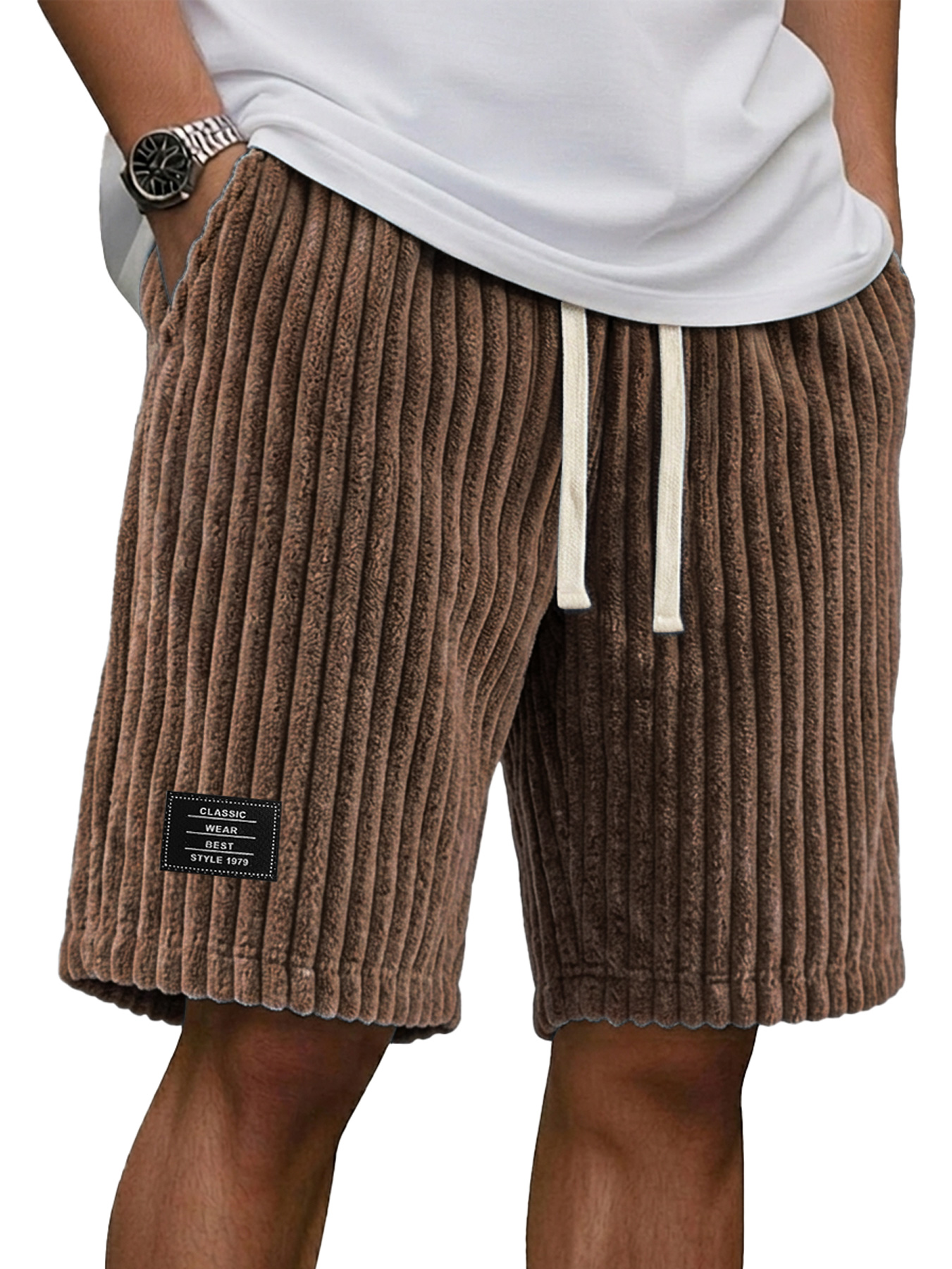 Men's Casual Retro Corduroy Embroidered Logo Loose Shorts