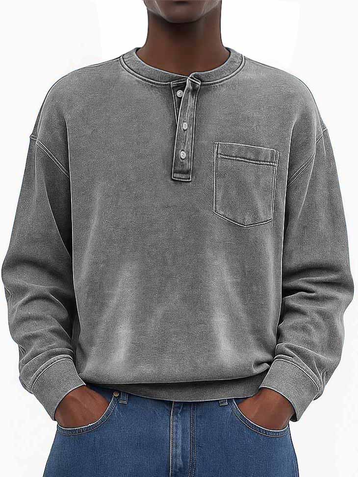 Men's Stylish Vintage Washed And Distressed Fabric Loose-fitting Long-sleeved Henley Shirt With Pockets