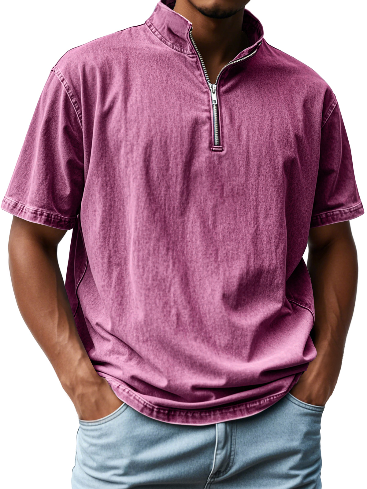Men's Retro Stand Collar Zipper Casual Short Sleeve T-Shirt