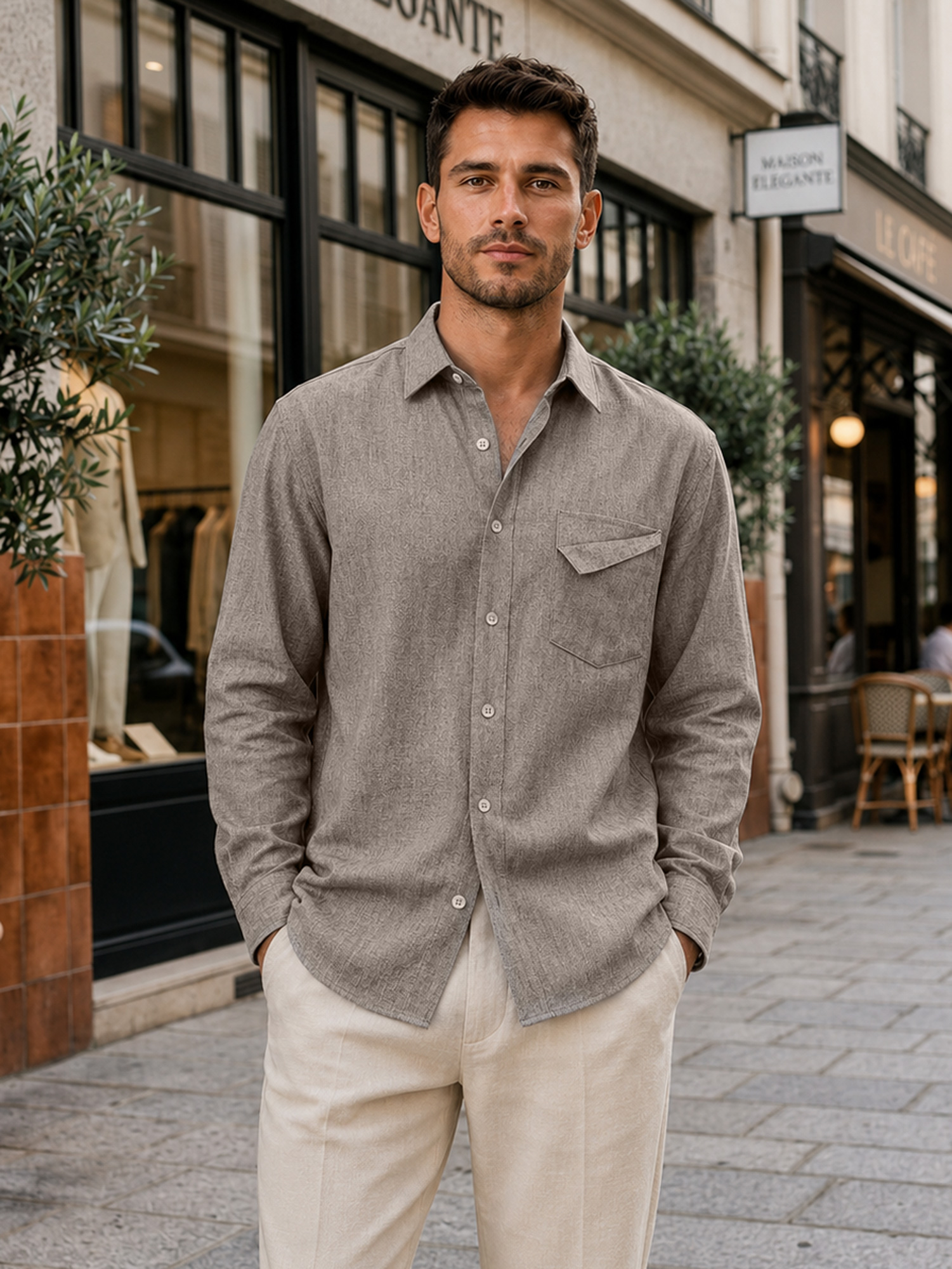 Men's Comfortable Long-Sleeve Cotton-Linen Shirt with Pocket Design