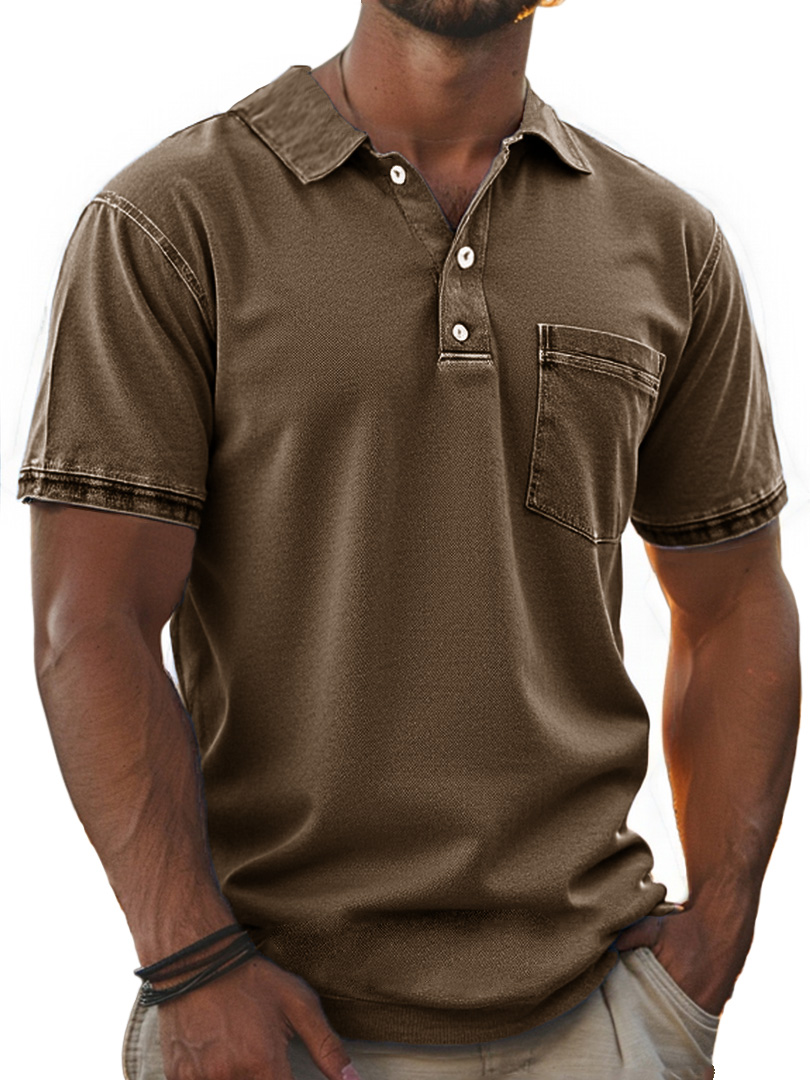 Men's Stylish Retro Pure Cotton Distressed Fabric Pocket Lapel Polo Shirt 