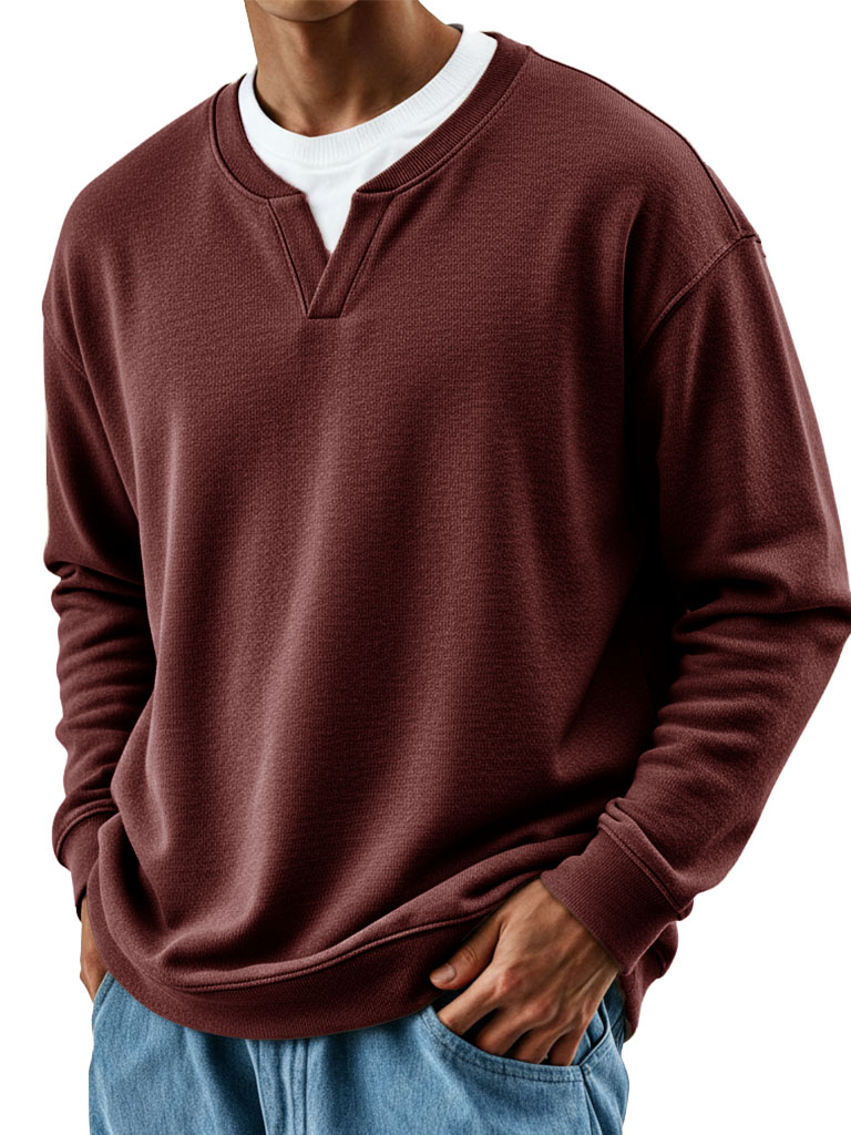 Men's Stylish Casual Retro Fake Two-piece V-neck Loose-fitting Long-sleeved Sweatshirt 