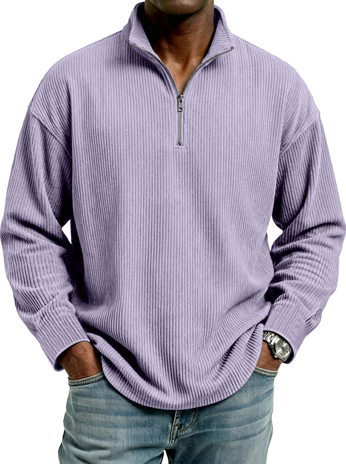 Men's Stand Collar Zipper Ribbed Comfortable Long-Sleeve T-Shirt