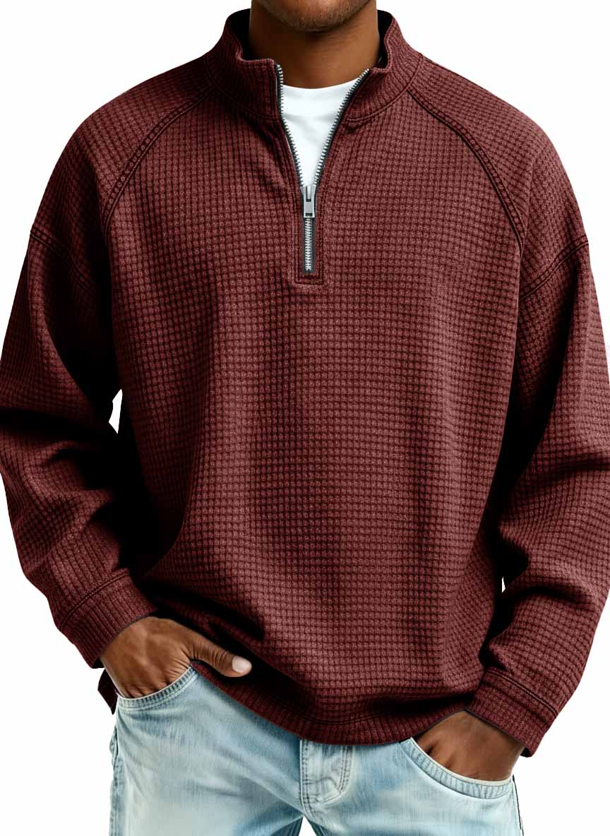 Men's Fashion Waffle Fabric Raglan Stand Collar Zipper Sweatshirt