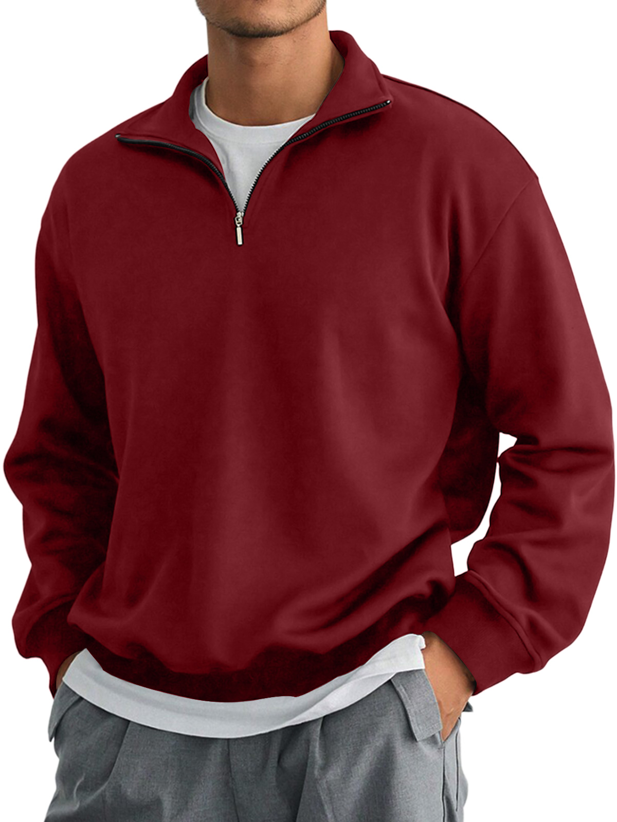 Men's Autumn Stand Collar Zipper Solid Color Comfortable Long-sleeved Sweatshirt