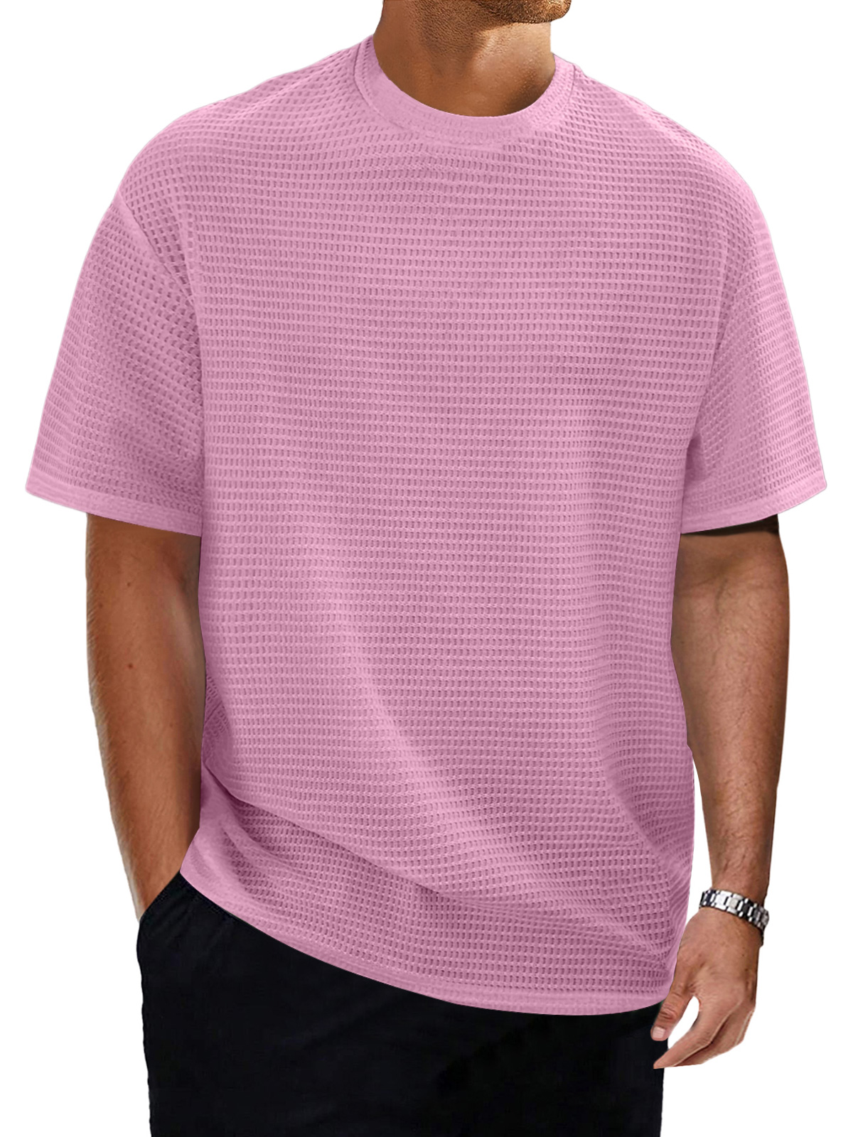 Men's casual round neck waffle texture solid color short-sleeved T-shirt