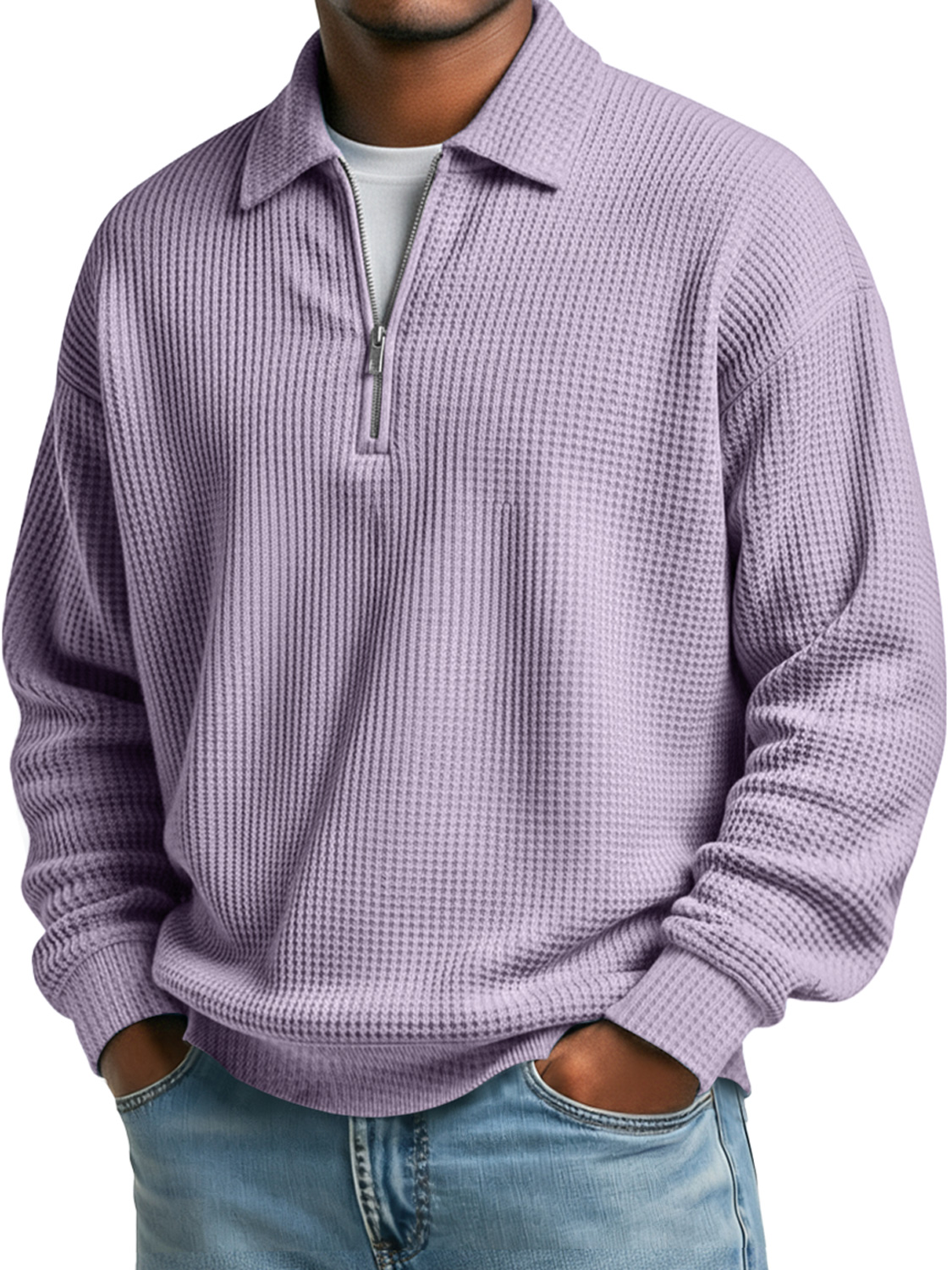 Simple Waffle Lapel Zipper Casual Solid Color Polo Shirt