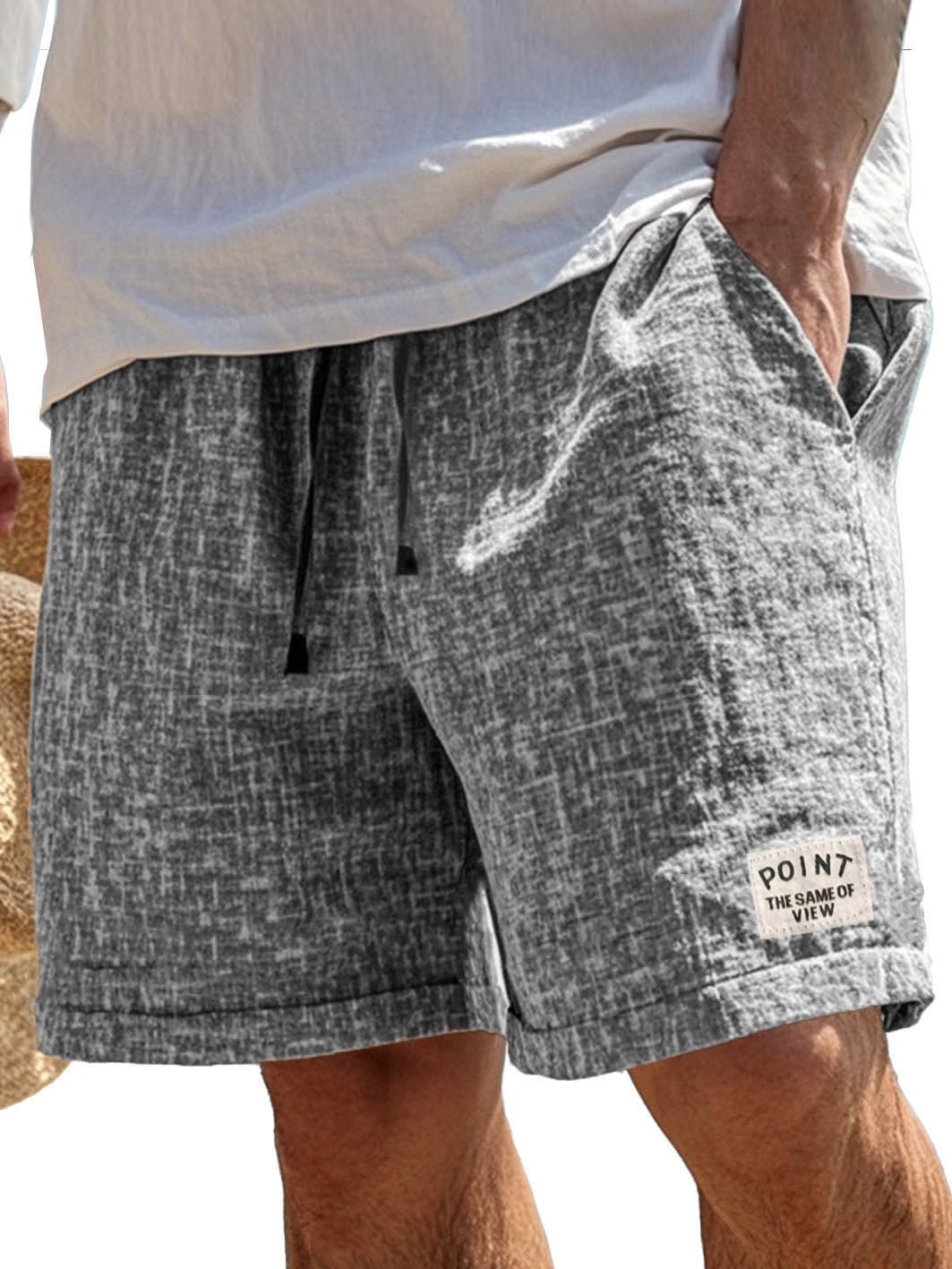 Men's Fashion Casual Hemp Fabric Pocket Embroidered Logo Shorts 