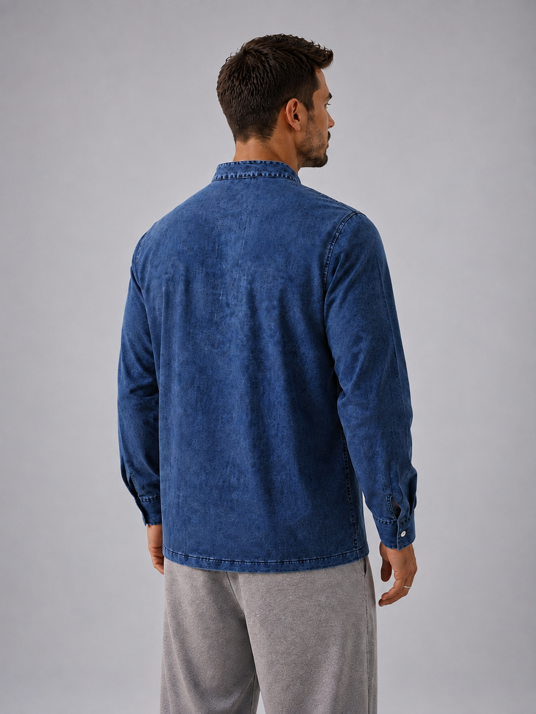 Men's Retro Stand Collar Pocket Casual Distressed Long Sleeve Henley Shirt
