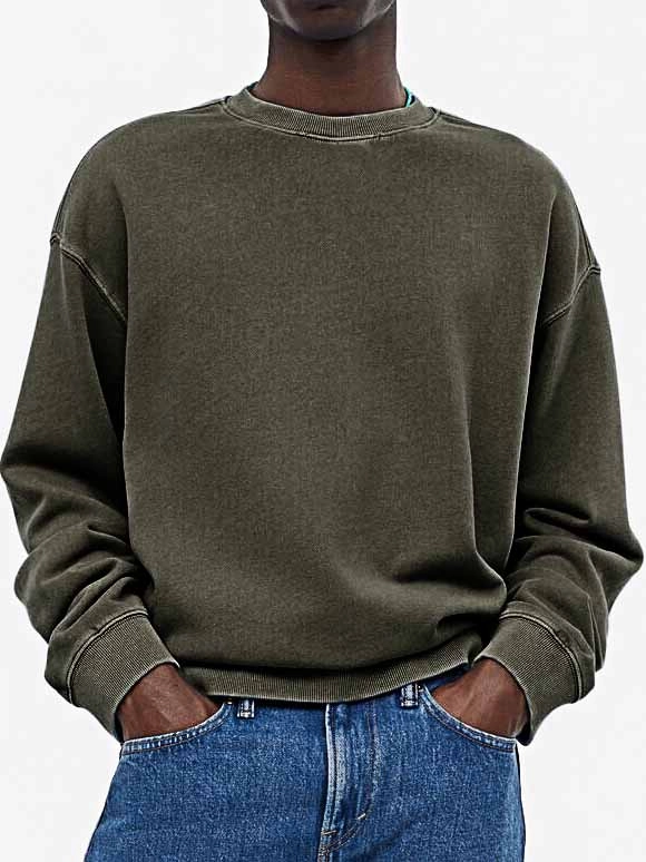 Men's Fashionable Casual Distressed Washed Long-sleeved Crew Neck Sweatshirt