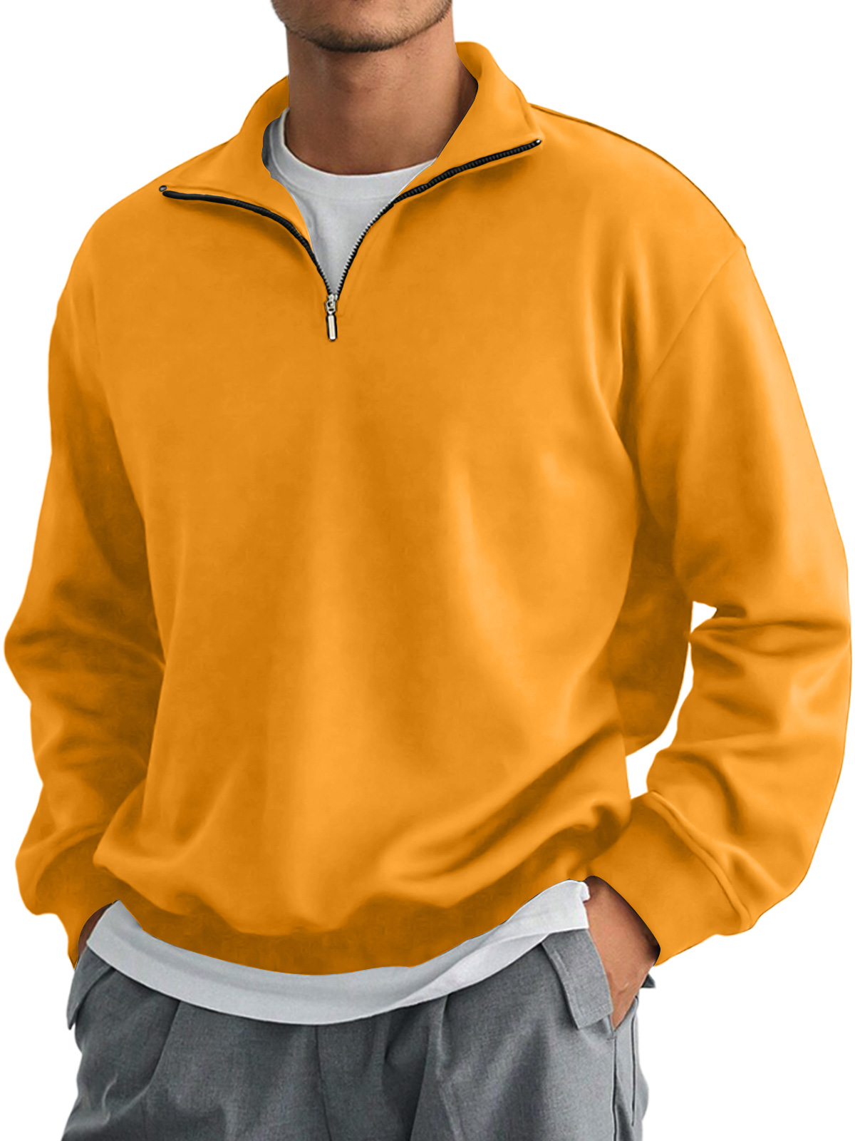 Men's Autumn Stand Collar Zipper Solid Color Comfortable Long-sleeved Sweatshirt