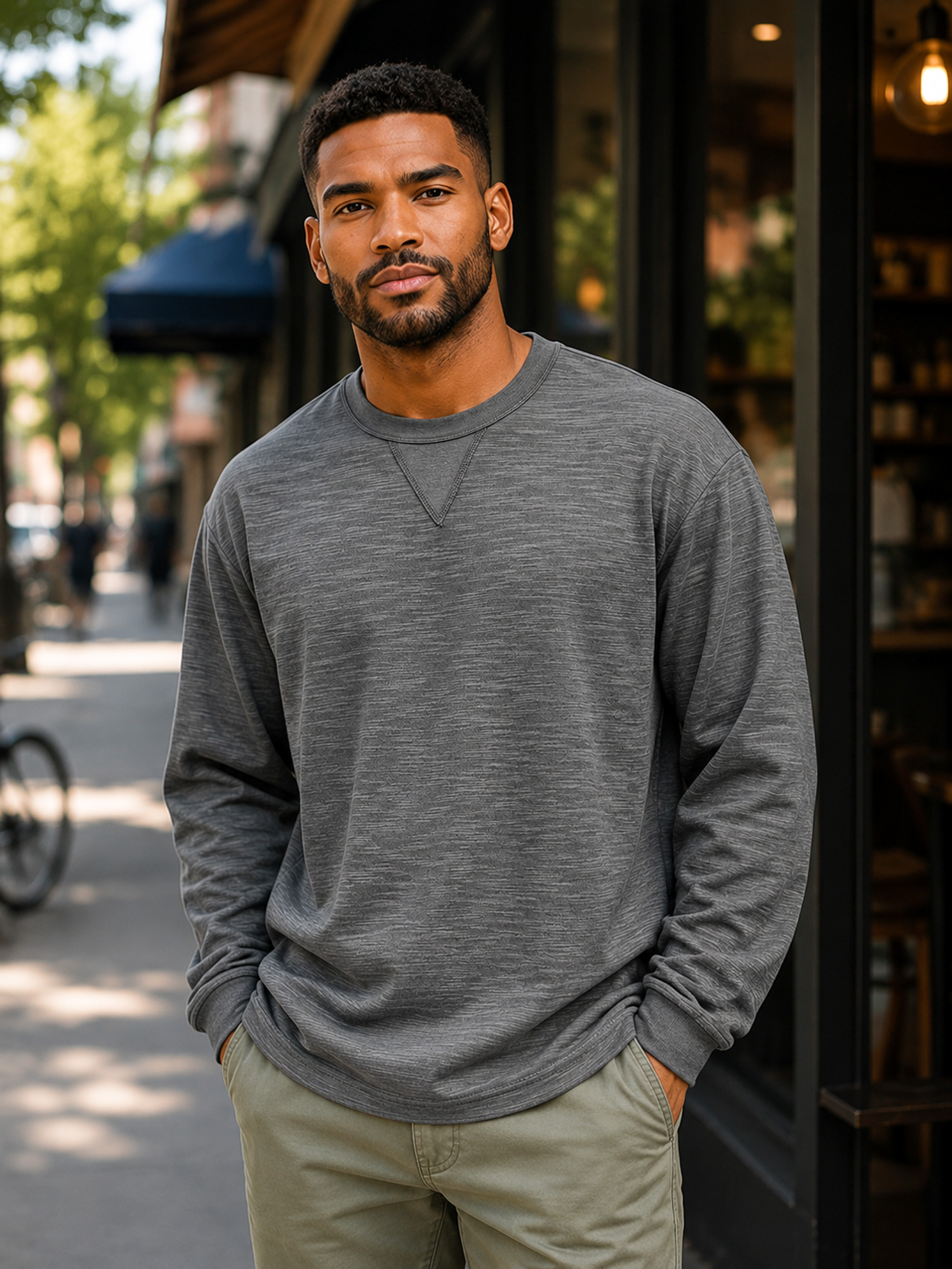 Men's Textured Long-Sleeve Crew-Neck T-Shirt with Inverted-Triangle Design