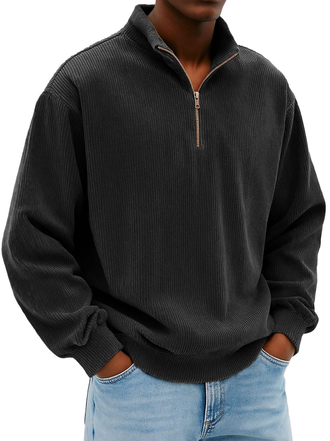 Men's Wear Fashionable Daily Casual Corduroy Pit Strip Fabric Long-sleeved Loose Stand-up Collar Sweater