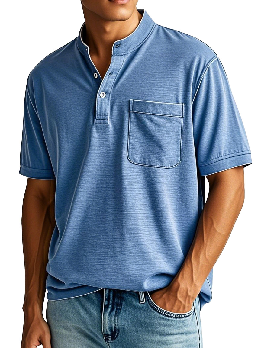 Men's Fashion Casual Stand-up Collar Pocket Short-sleeved Henley Shirt 
