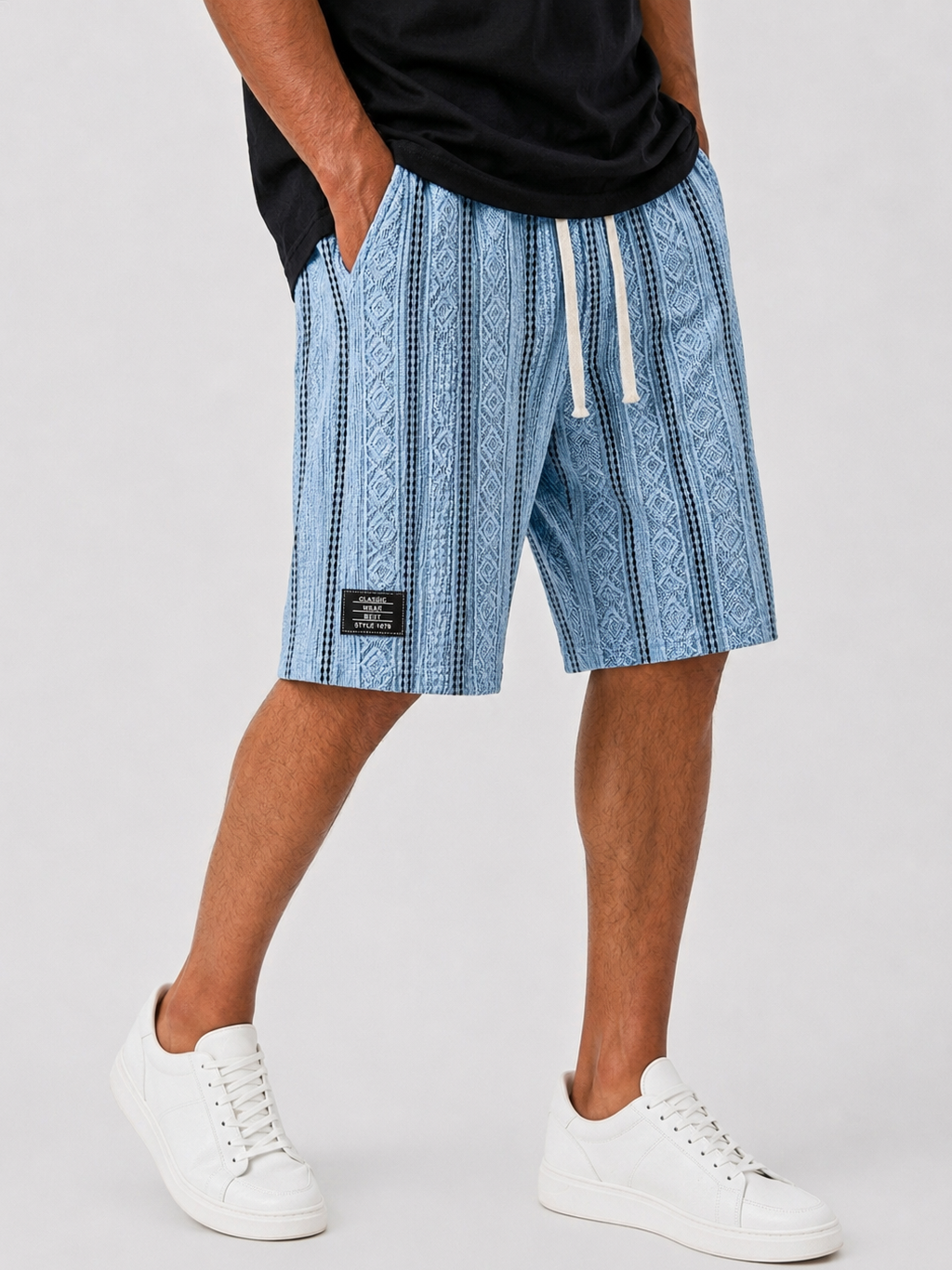 Men's Color-Blocked Textured Embroidered Logo Casual Loose Shorts