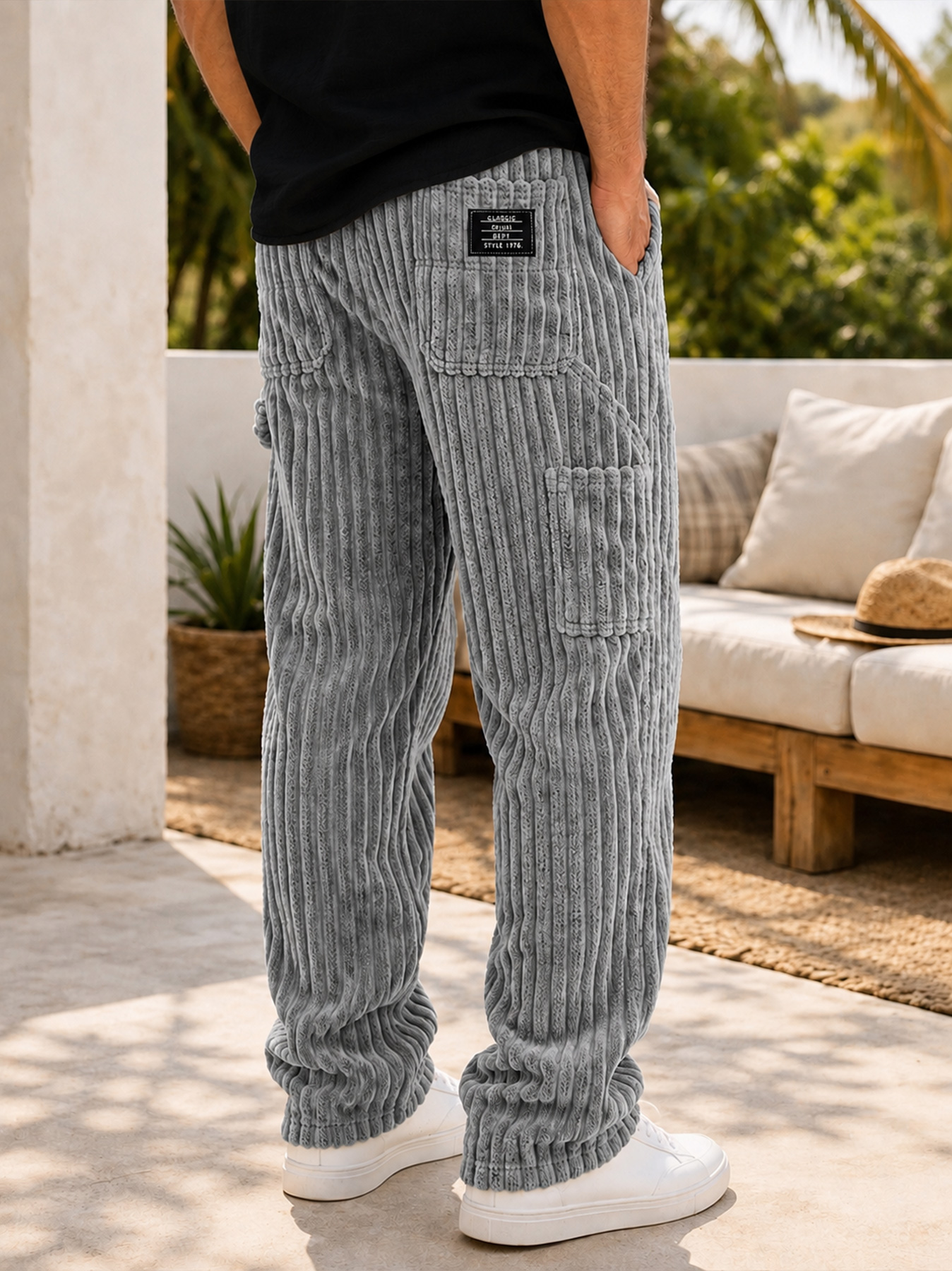 Men's Retro Corduroy Casual Cargo Pants with Multi-Pocket Patchwork Design